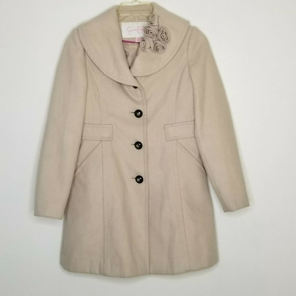 Jessica Simpson Girls 14 Coat Beige Dress Button-Down Lapel Rosettes